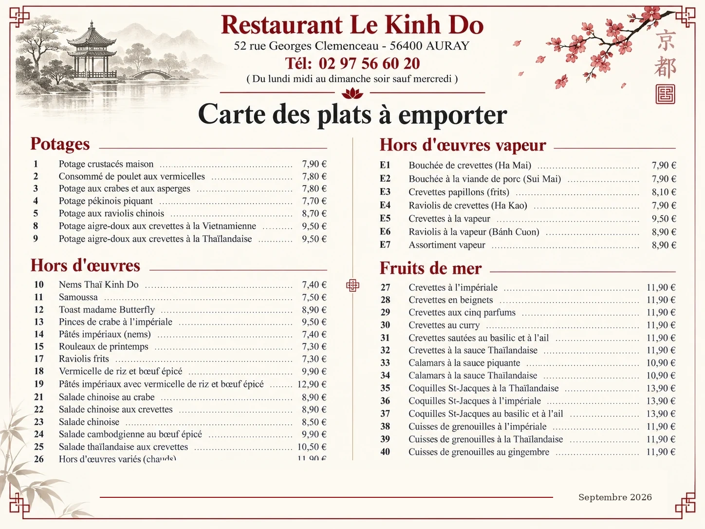 Carte des plats à emporter du Restaurant Kinh Do - page 1