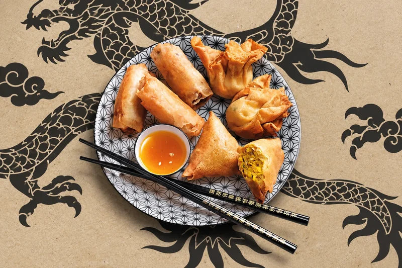 Assortiment de nems et raviolis frits avec sauce